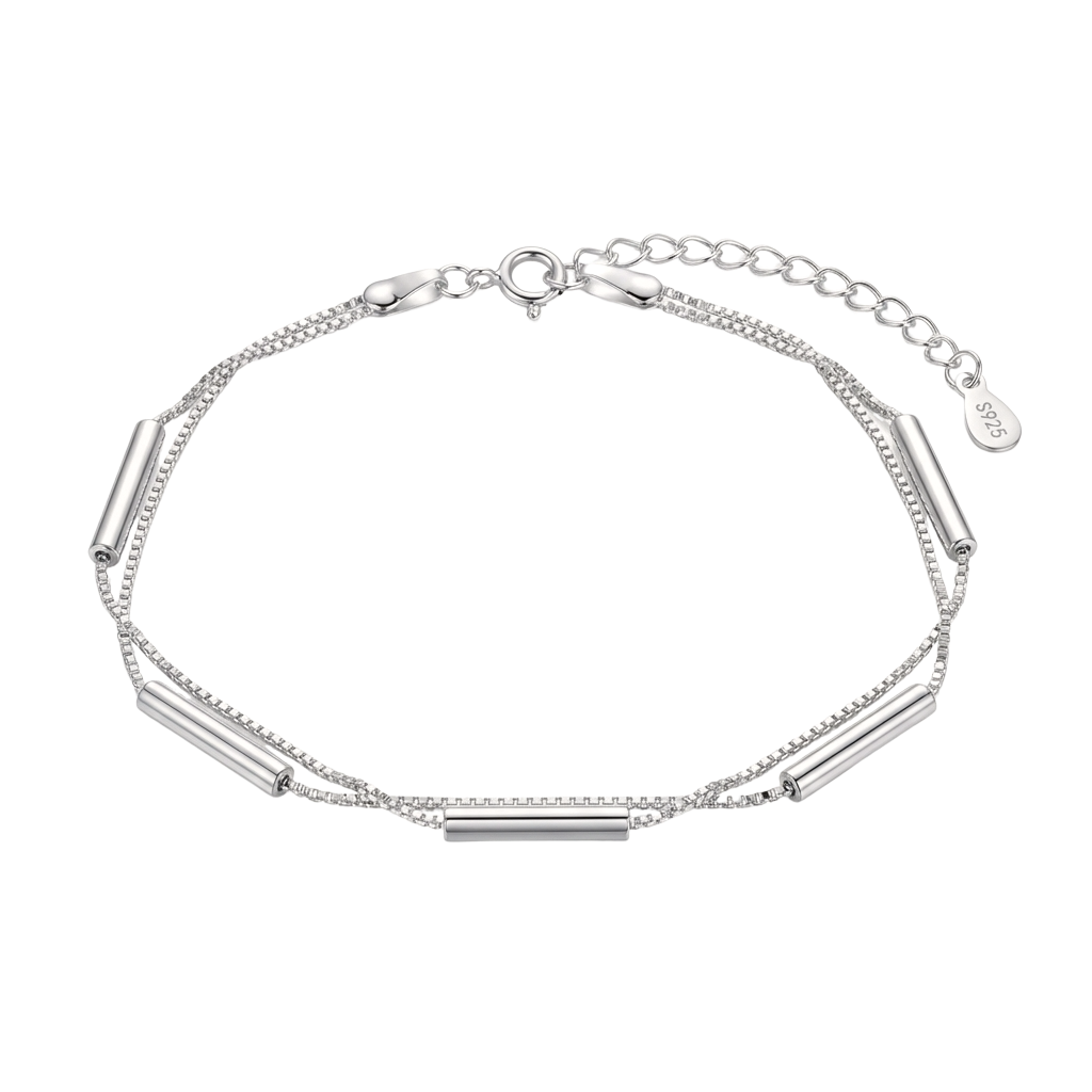 925 Silver Bracelet featuring two Venetian box chains and long silver beads on a white background