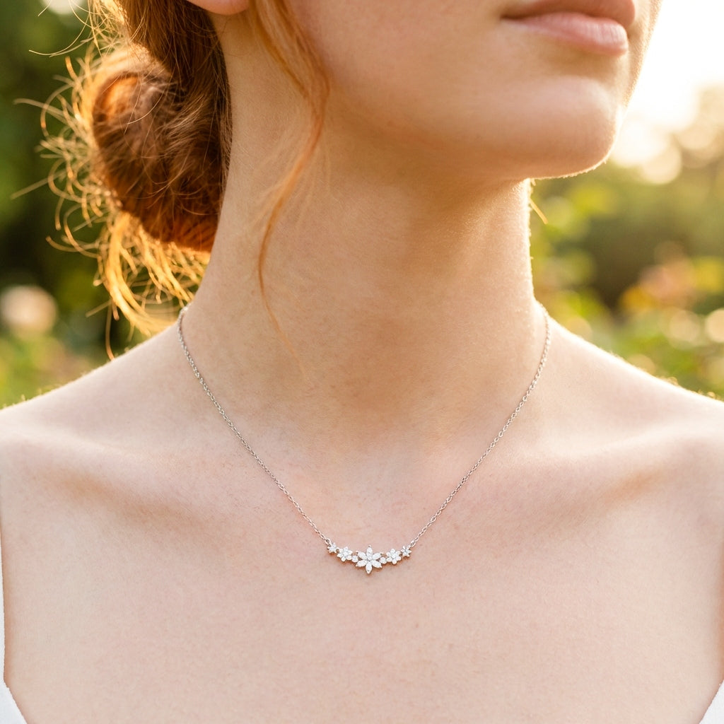 A woman in the sunshine wearing a dainty flower necklace made with 925 sterling silver