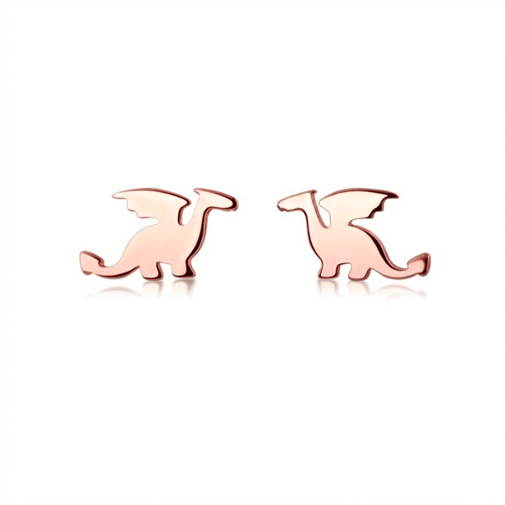 Rose gold dragon silver stud earrings on a white background