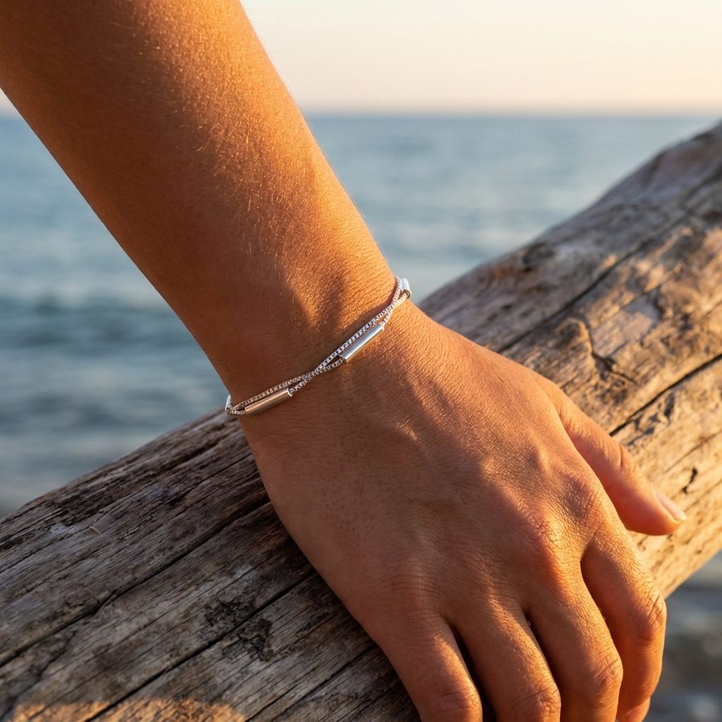 A wrist wearing a 925 Silver Bracelet featuring two Venetian box chains and long silver beads with a beach background