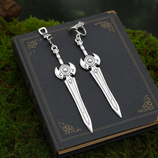 Silver sword clip on earrings on a dark book with a green moss background