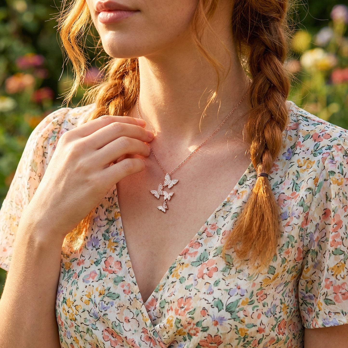 Woman wearing a floral dress and butterfly necklace in a garden setting
