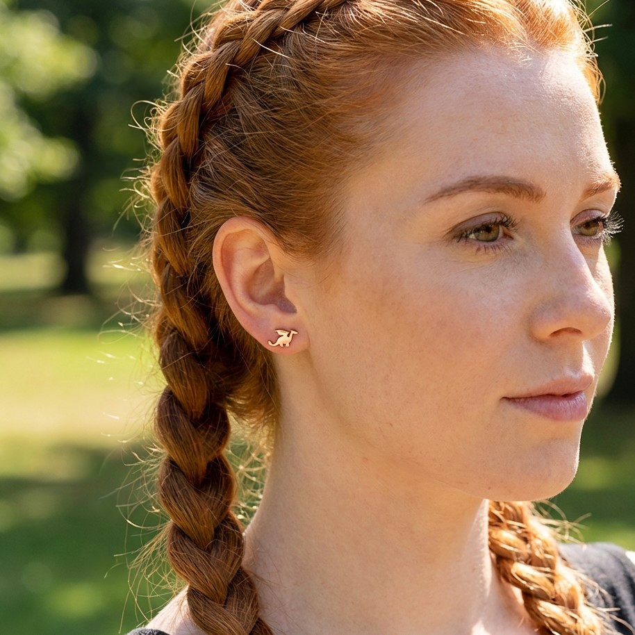 Close-up of a woman with braided hair wearing pink rose gold dragon stud earrings outdoors.