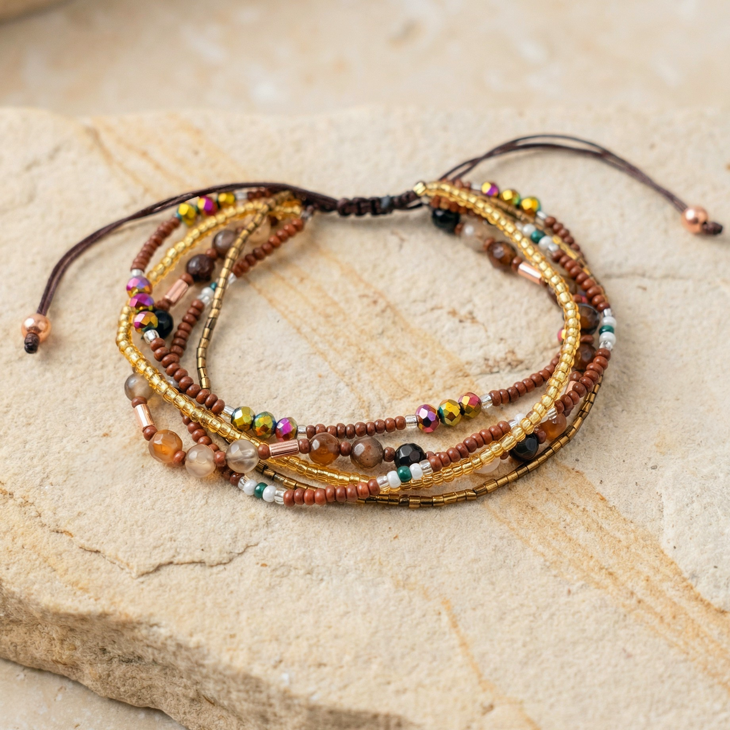 Multiple beaded bracelet with 5 layers of gold and brown beads tied together, on a light stone background. Boho rustic style