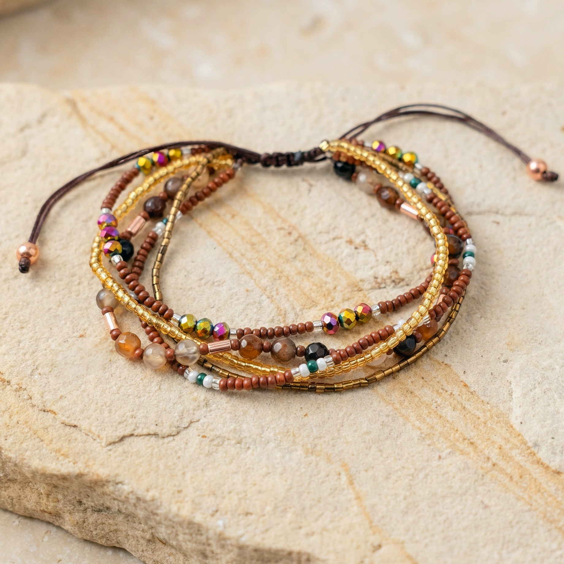 Multiple beaded bracelet with 5 layers of gold and brown beads tied together, on a light stone background. Boho rustic style