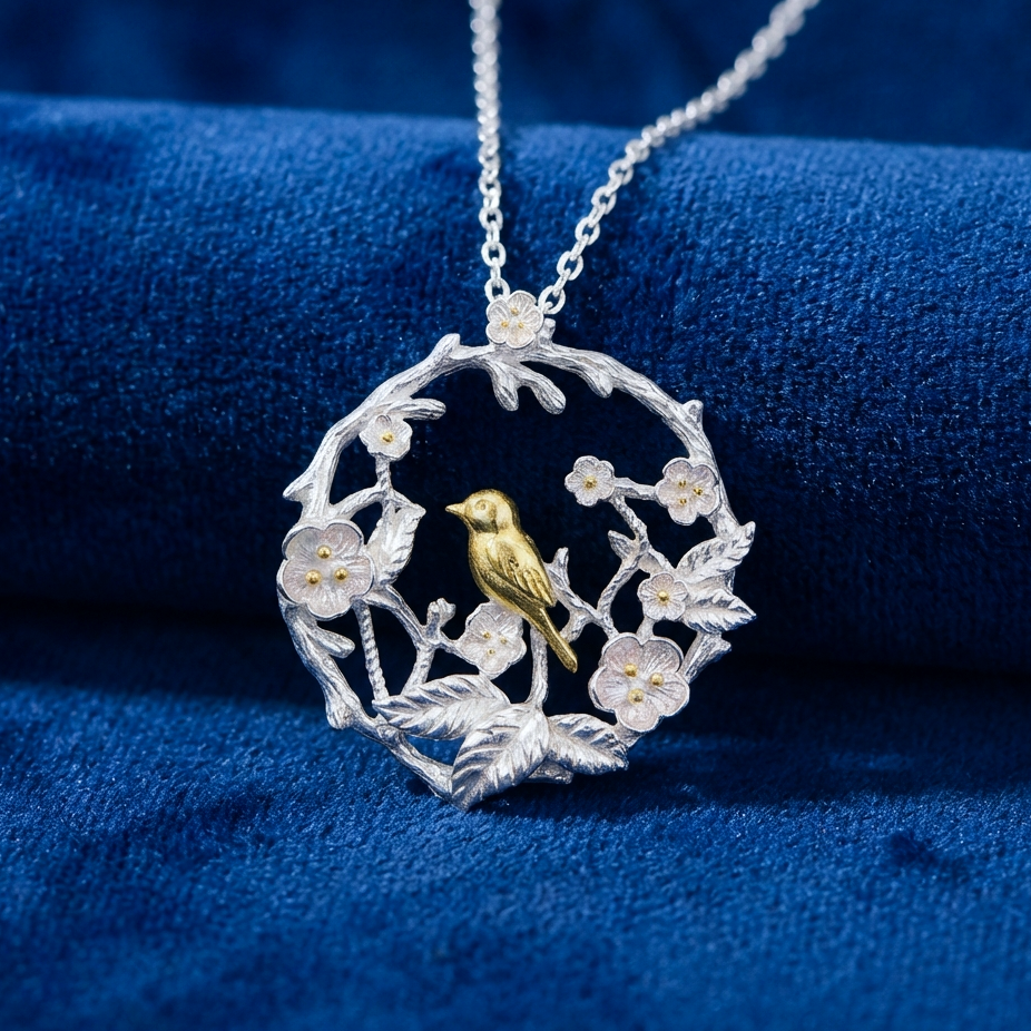 Silver pendant with a gold bird design in a circle of flowers on a blue fabric background