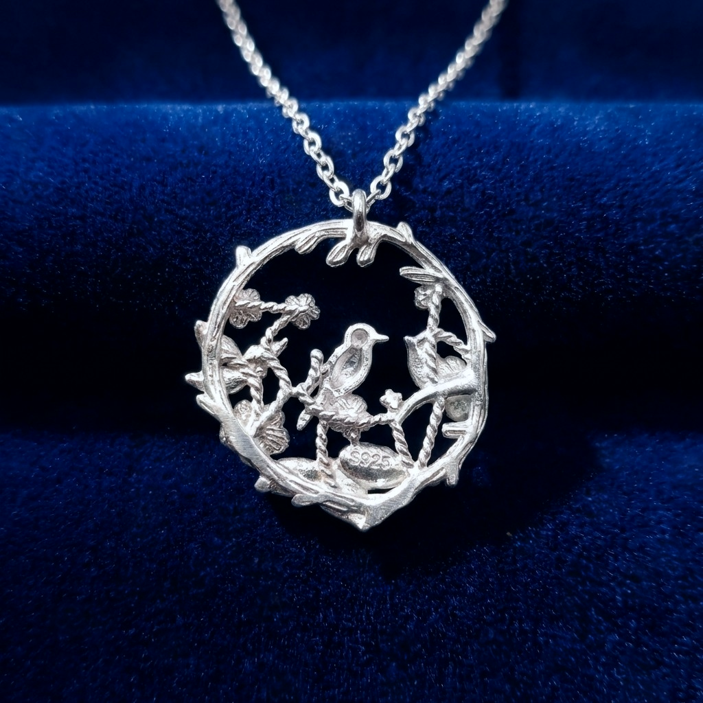 The back of a silver necklace showing the S925 stamp, on a blue background