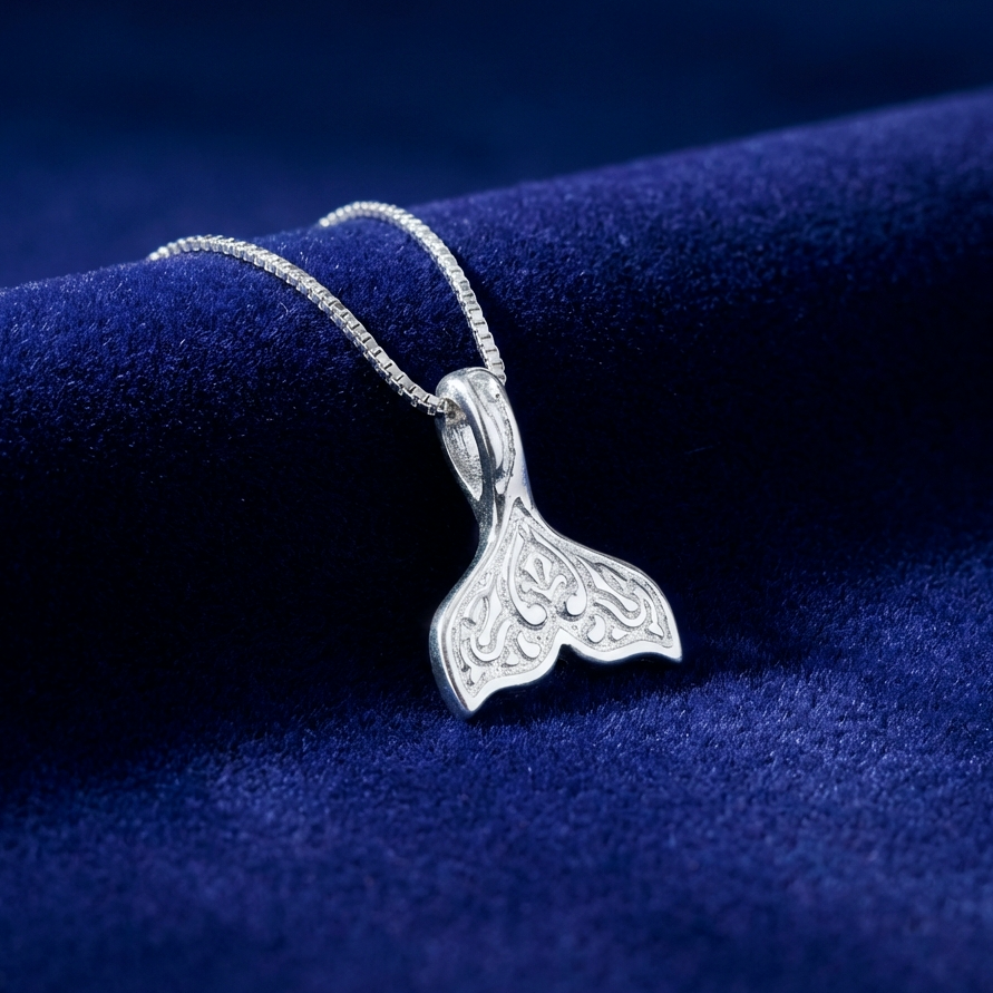 A silver whale tail necklace on a blue background