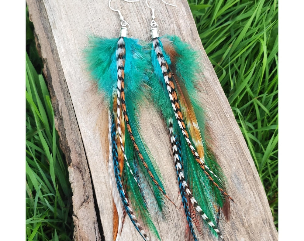Green feather earrings, Long real feathers, Summer boho jewelry, Colorful hippie earrings, Silver drop dangle, Funky bohemian gift for her