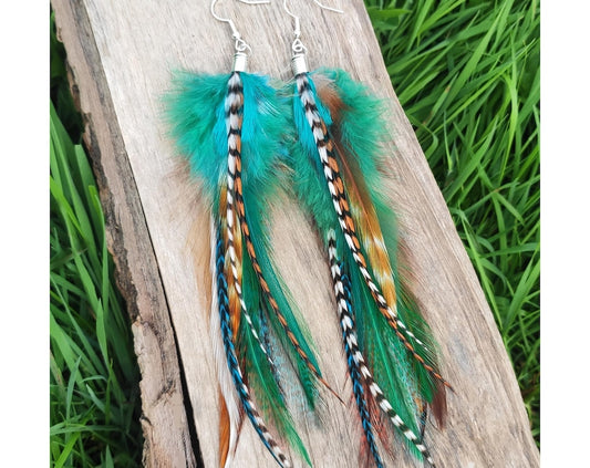 Green feather earrings, Long real feathers, Summer boho jewelry, Colorful hippie earrings, Silver drop dangle, Funky bohemian gift for her