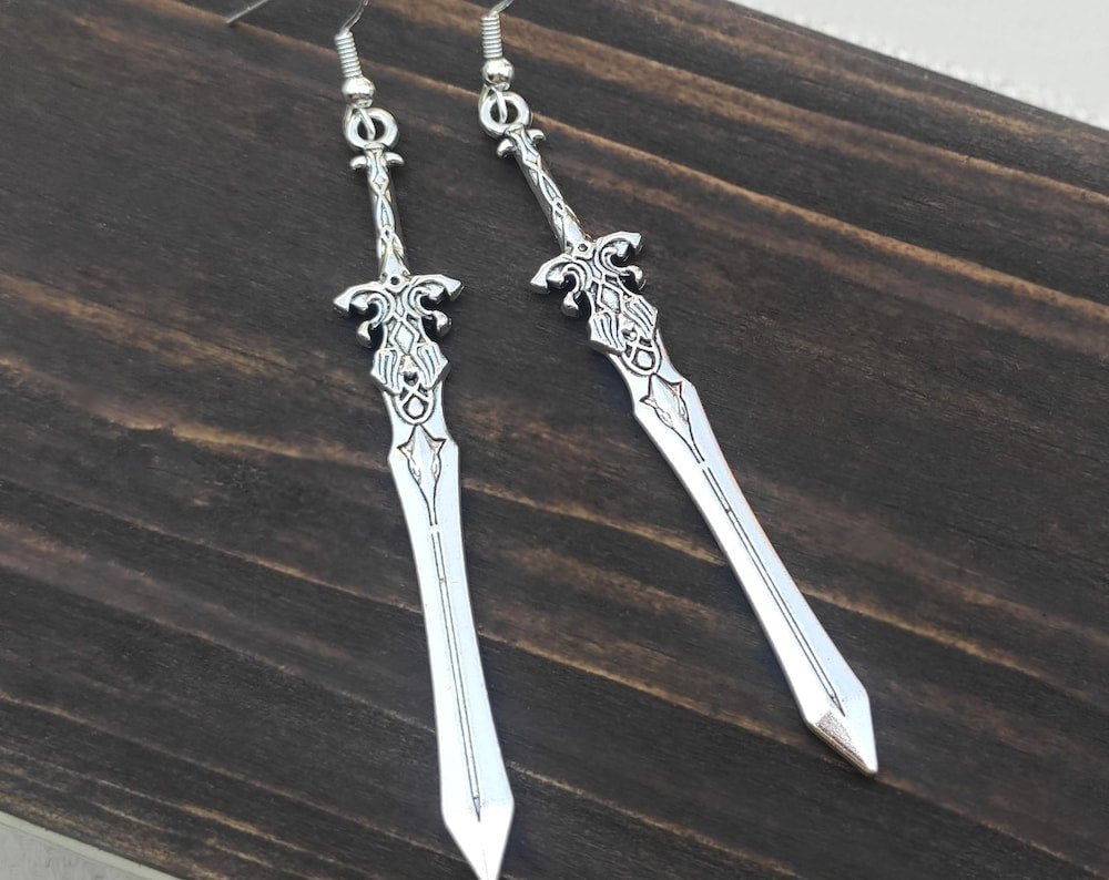 Long silver sword earrings, Medieval vampire weapon jewelry, Gothic dagger earrings, Witchy women or men dangle knife earrings, Gift idea