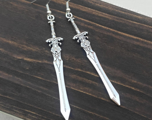 Long silver sword earrings, Medieval vampire weapon jewelry, Gothic dagger earrings, Witchy women or men dangle knife earrings, Gift idea