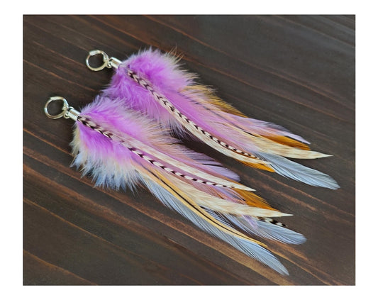 925 Sterling silver feather earrings, Handmade real Pastel purple beige & white boho jewelry, Hippie dangle huggie hoops, Gift for her