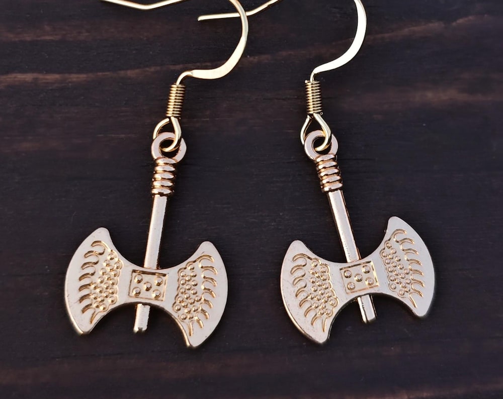 Light gold axe earrings, Medieval weapon jewelry, Blade sword earrings viking dagger Women or men dangle knife earrings Hoops clip-ons