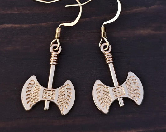 Light gold axe earrings, Medieval weapon jewelry, Blade sword earrings viking dagger Women or men dangle knife earrings Hoops clip-ons