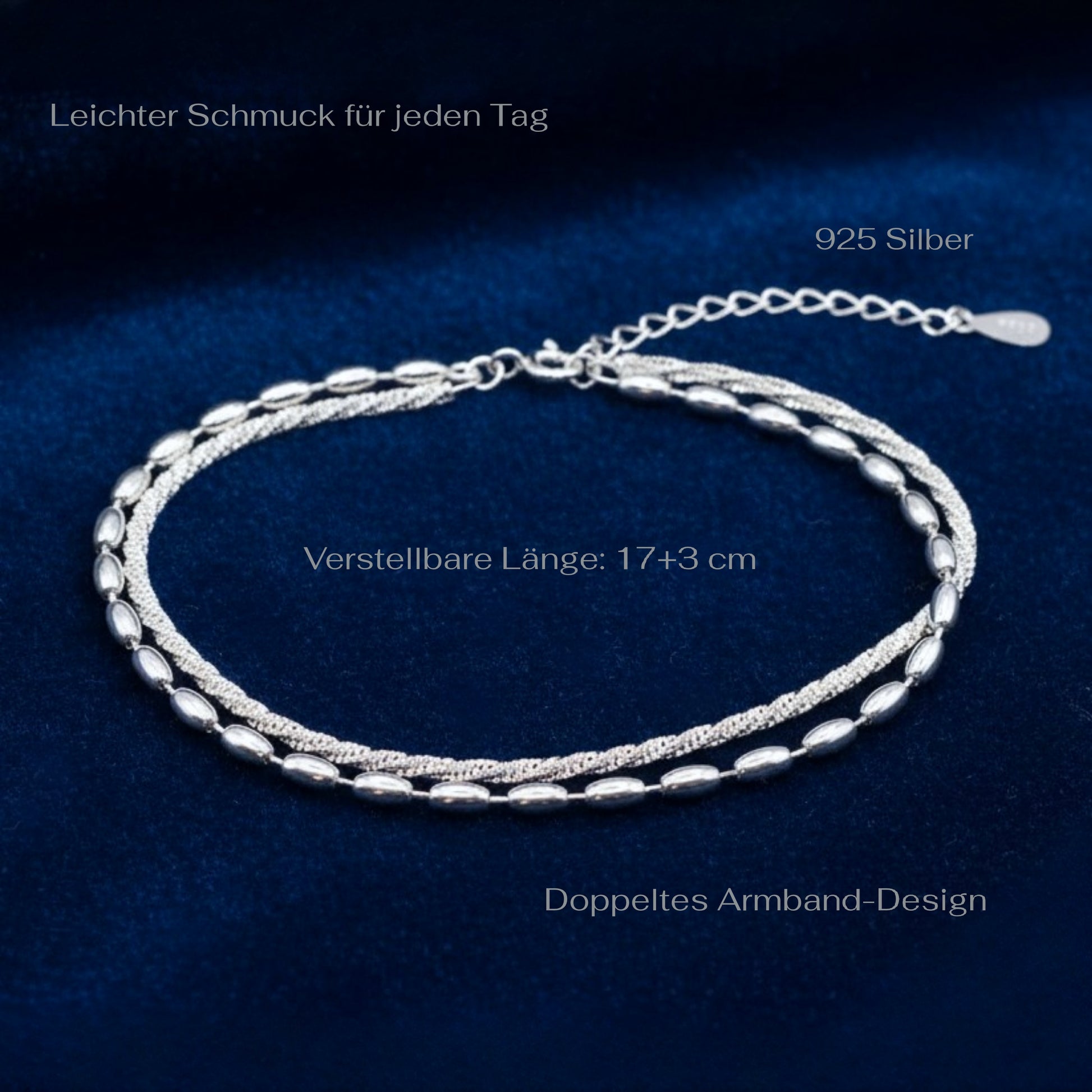 925 Silver Bracelet featuring a double chain, one twisted sparkle chain and one with oval beads, on a blue background with measurements