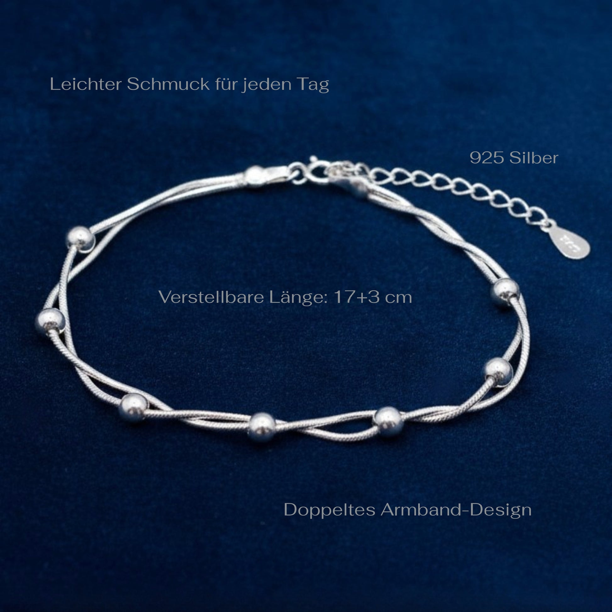 925 Silver Bracelet with two intertwined snake chains and round beads, on a blue background with measurements