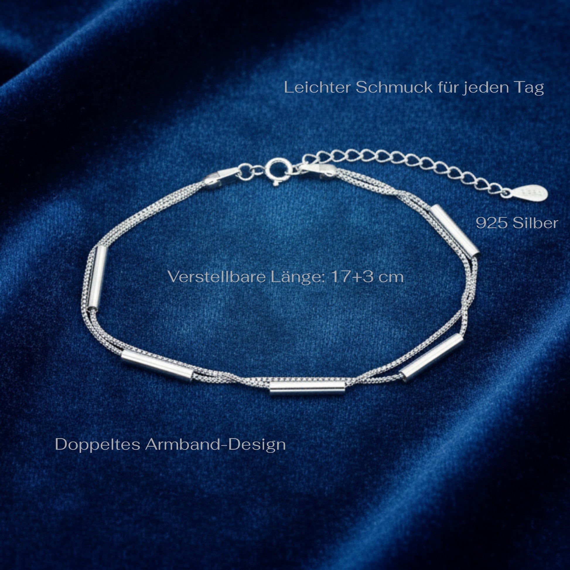 925 Silver Bracelet featuring two Venetian box chains and long silver beads on a blue background with measurements