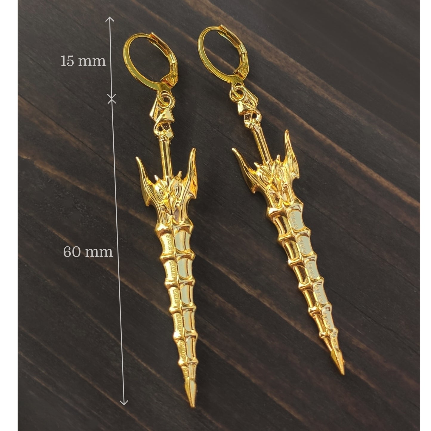 6cm Spiky gold sword earrings with hoops, Handmade fantasy jewelry, Cool gift idea