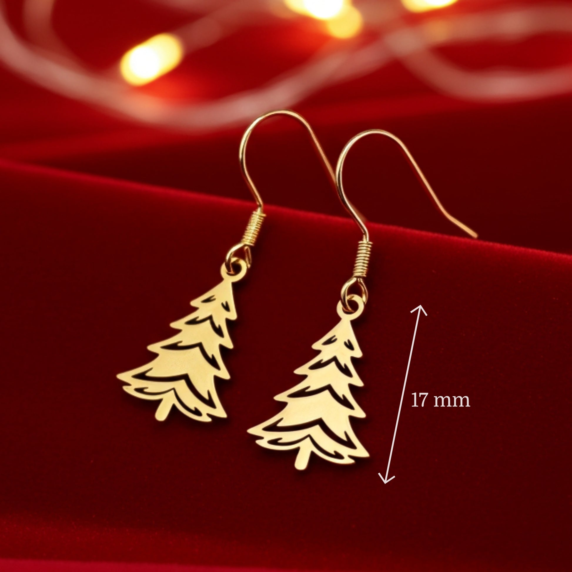Festive Christmas tree earrings made out of gold stainless steel and hook earrings with the measurements shown