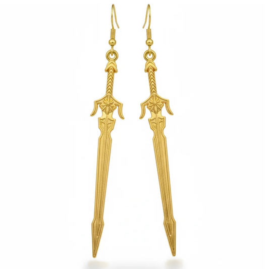 Long gold sword earrings with hooks on a white background. Medieval fantasy style