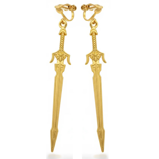 Gold sword clip on earrings on a white background