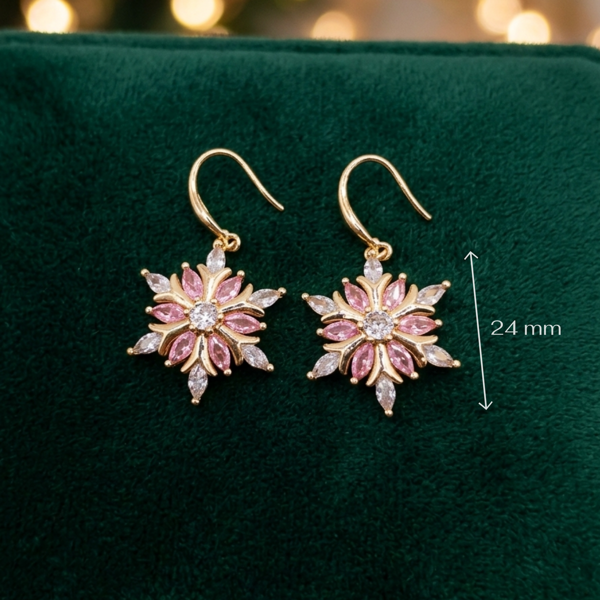 Pink Snowflake Earrings - Gold Festive Crystal Dangle Earrings for Women