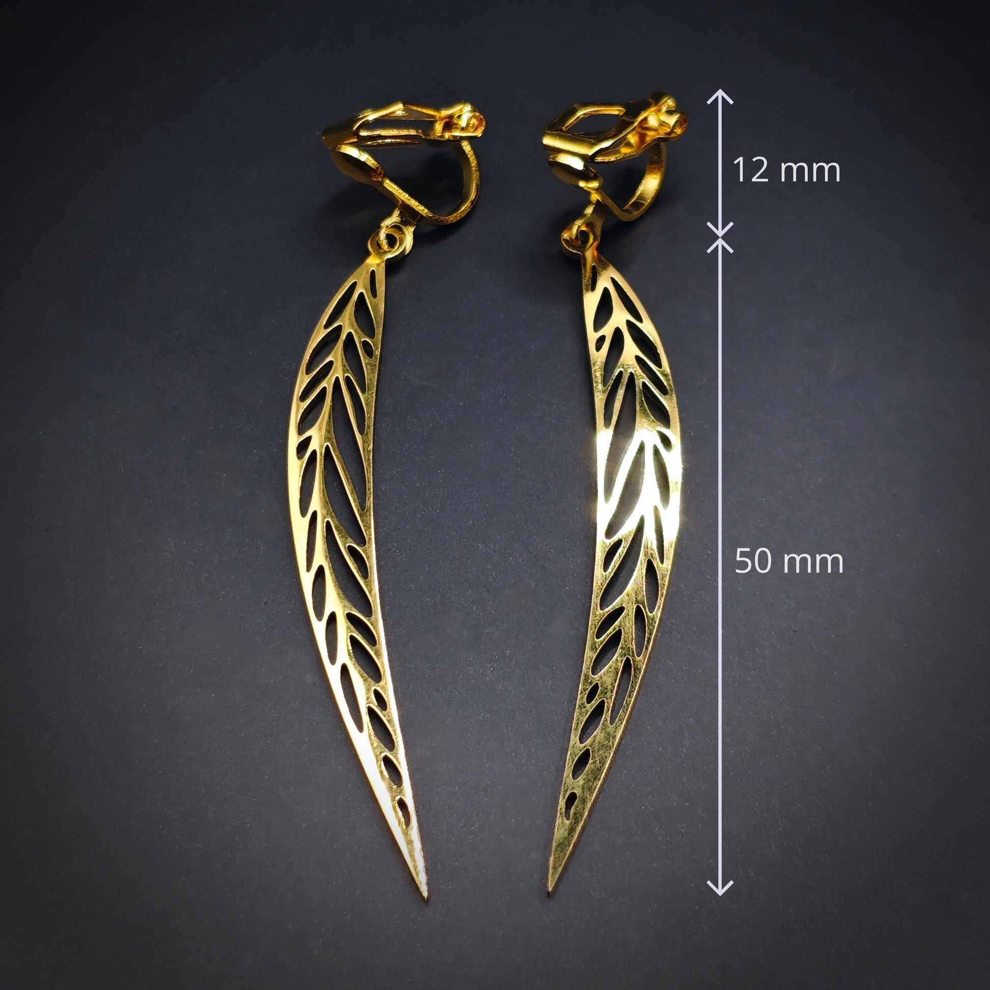Long gold stainless steel leaf earrings with clip ons and the measurements shown