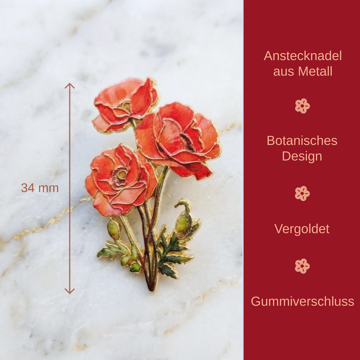A close-up of a vintage-style floral brooch featuring three red poppy flowers with green leaves and gold-toned metal outlines, placed on a white marble surface. A dark red vertical panel on the right contains German text describing the product features, and a height marker reads 34 mm.