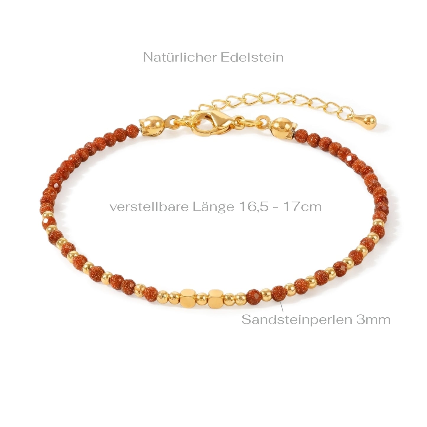 A dainty bead bracelet with sparkly gold sandstone gemstone beads on a white background with measurements