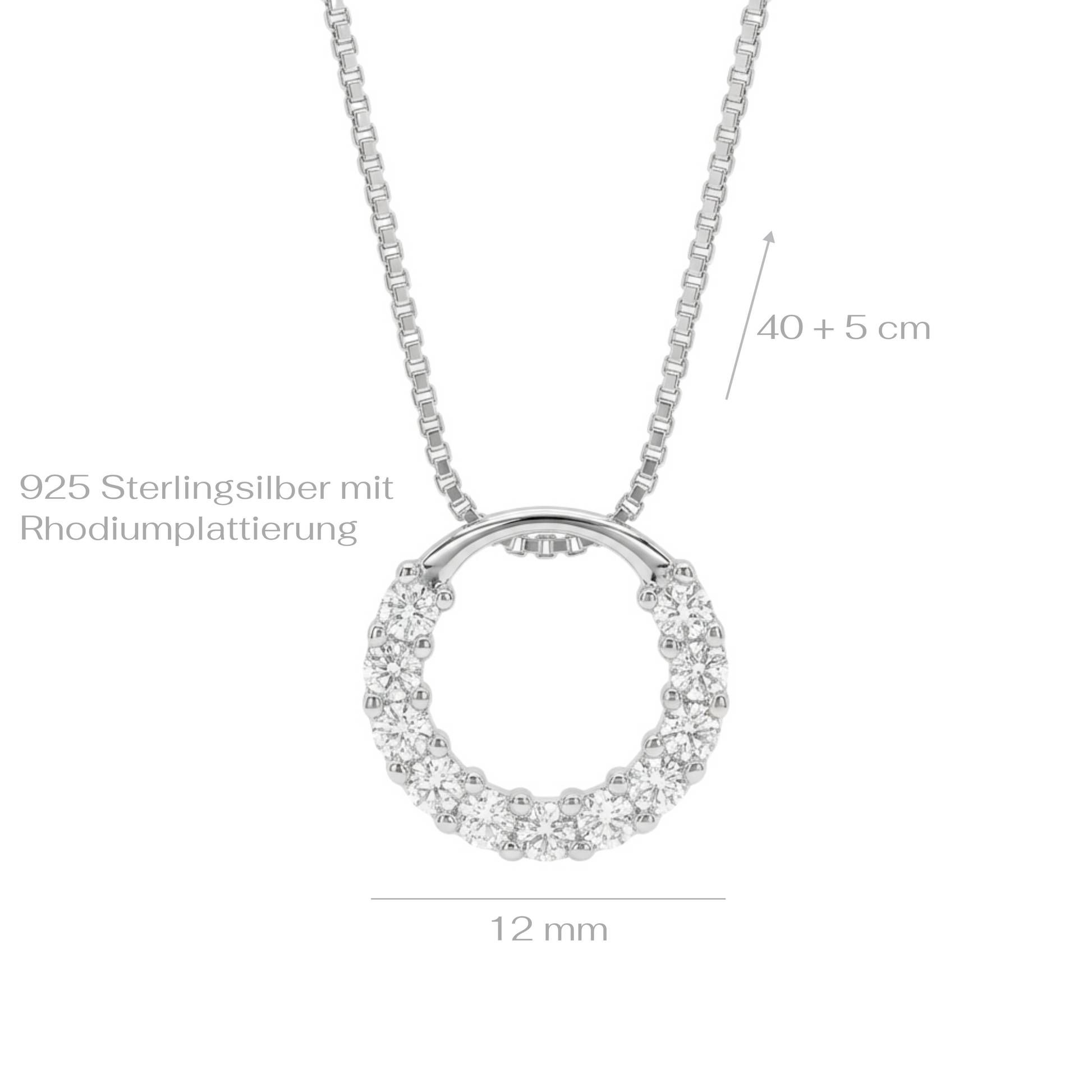 Sparkly round circle 925 silver pendant with crystals with a box chain necklace on a white background with measurements