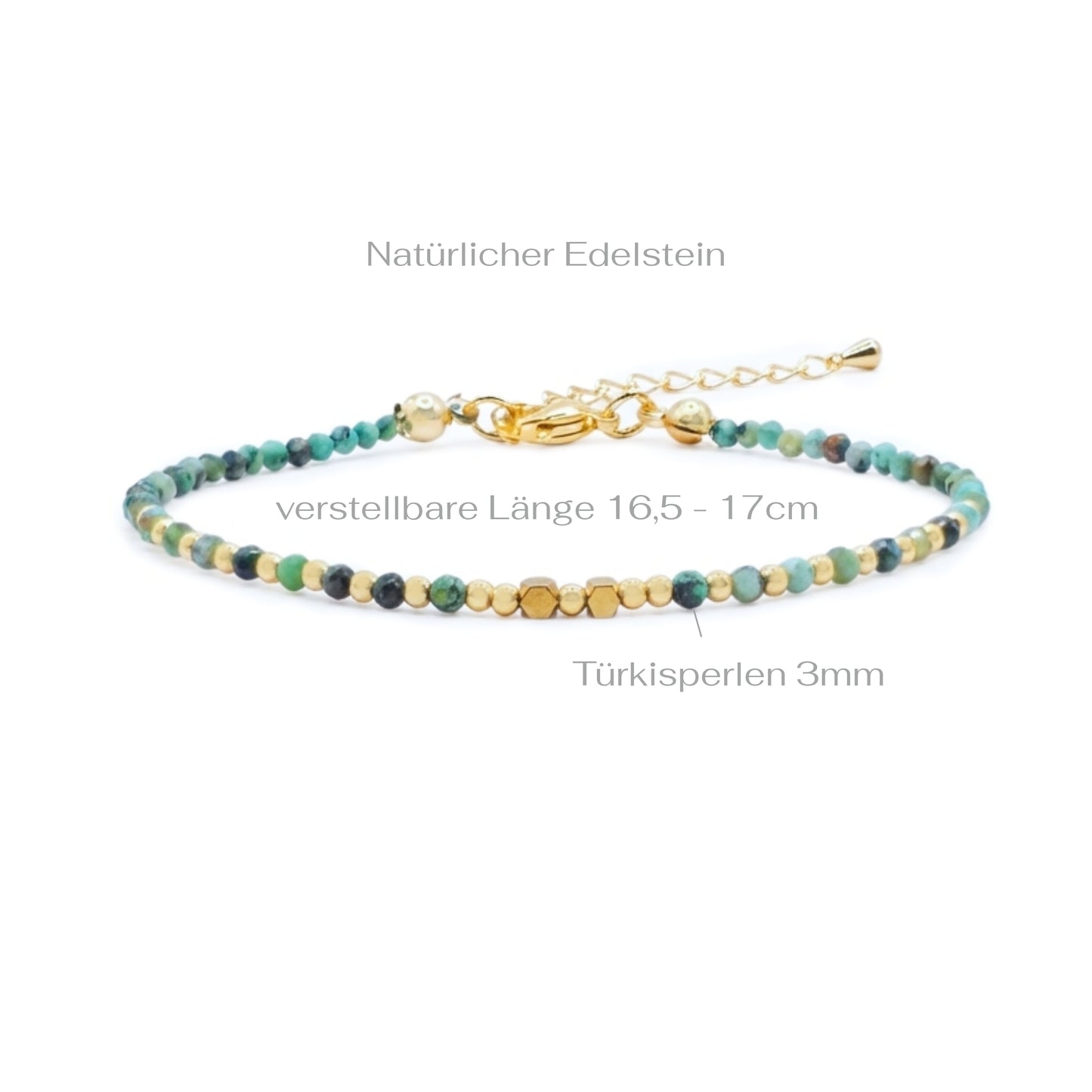 Natural turquoise gemstone beaded bracelet with gold clasp, on a white background with measurements