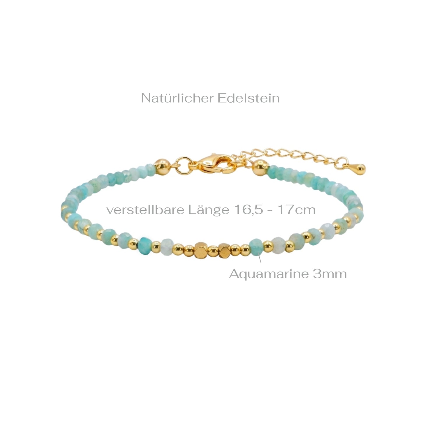 Bracelet with faceted blue aquamarine gemstone beads and gold accents on a white background