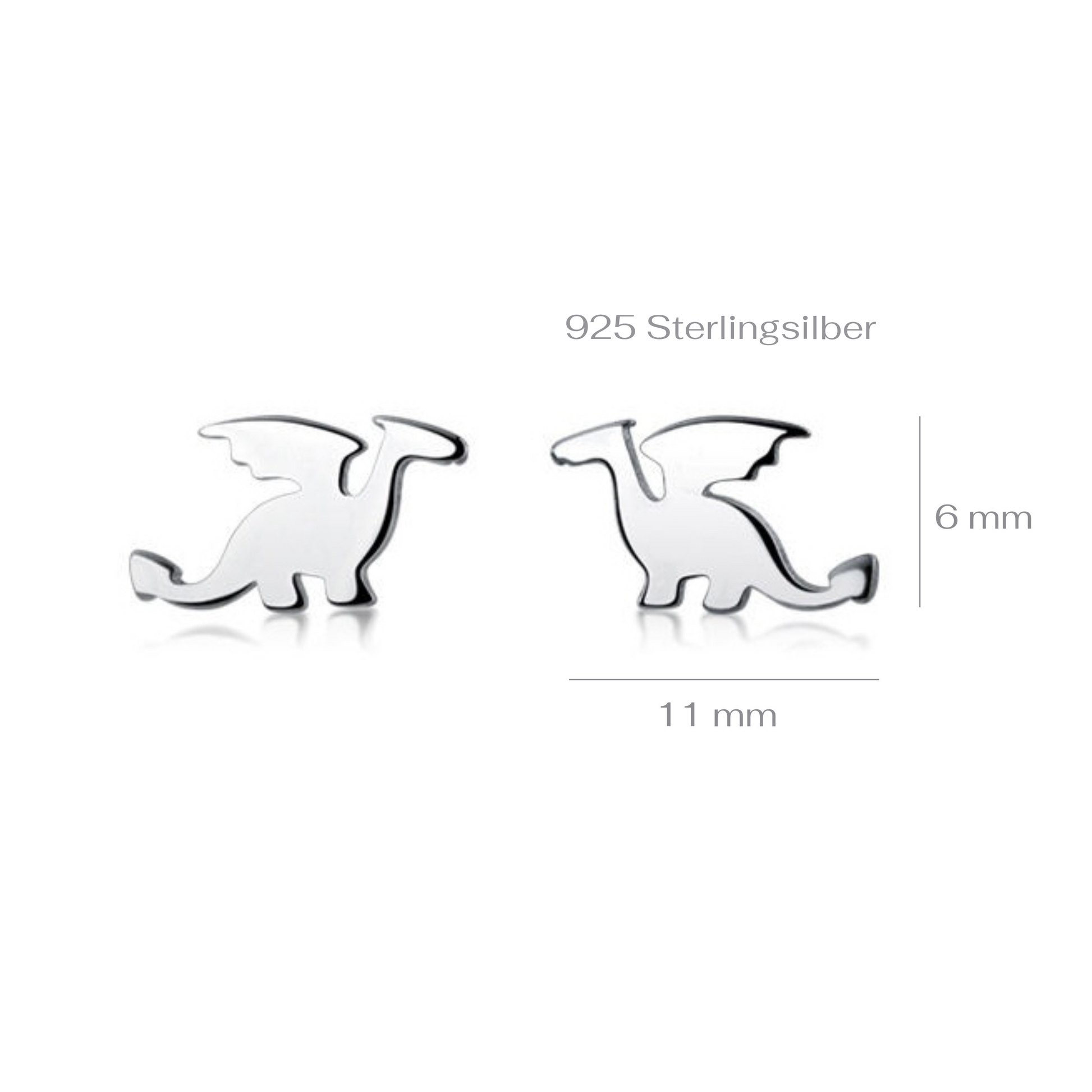 Silver dragon-shaped earrings with measurements on a white background