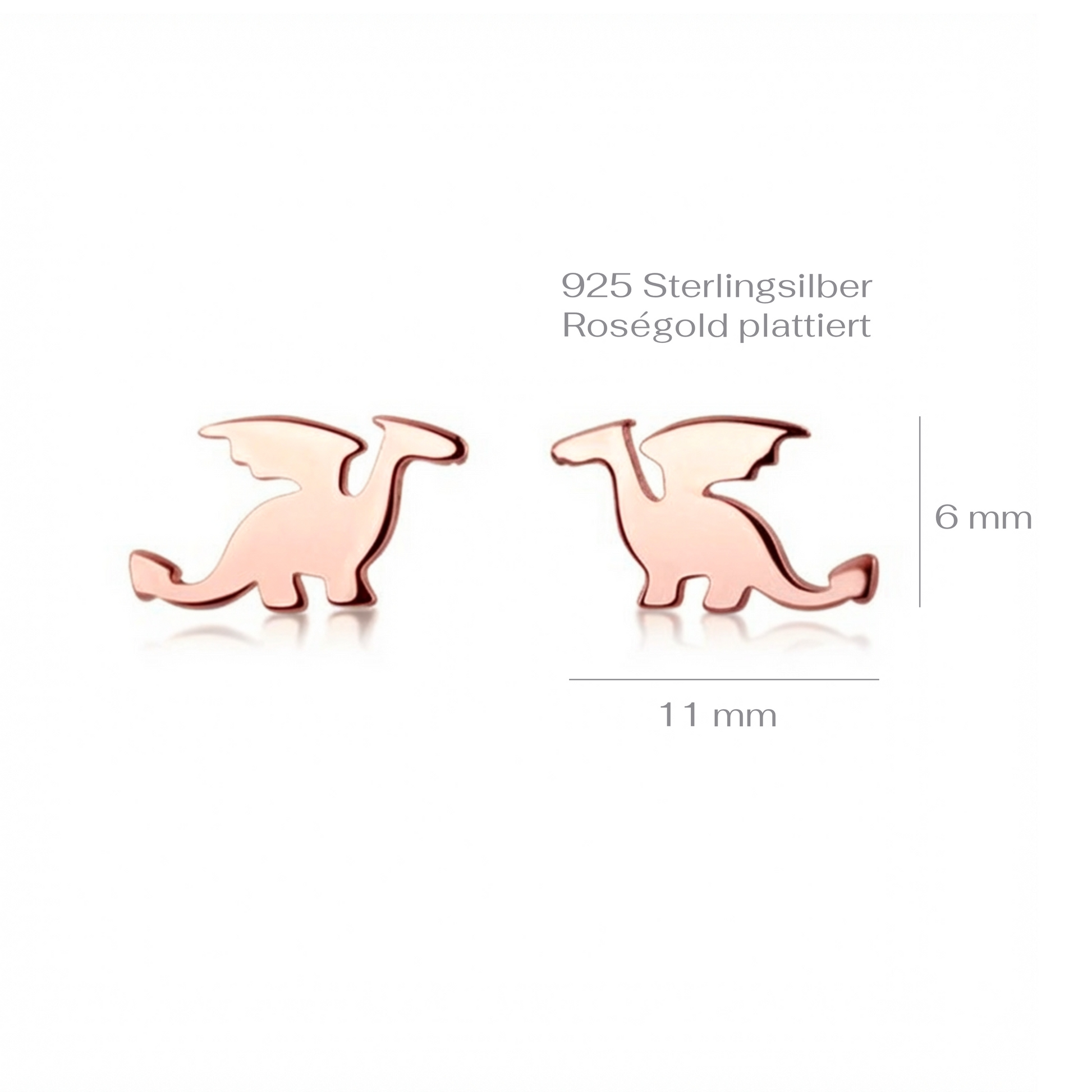 Rose gold dragon-shaped earrings with size measurements on a white background