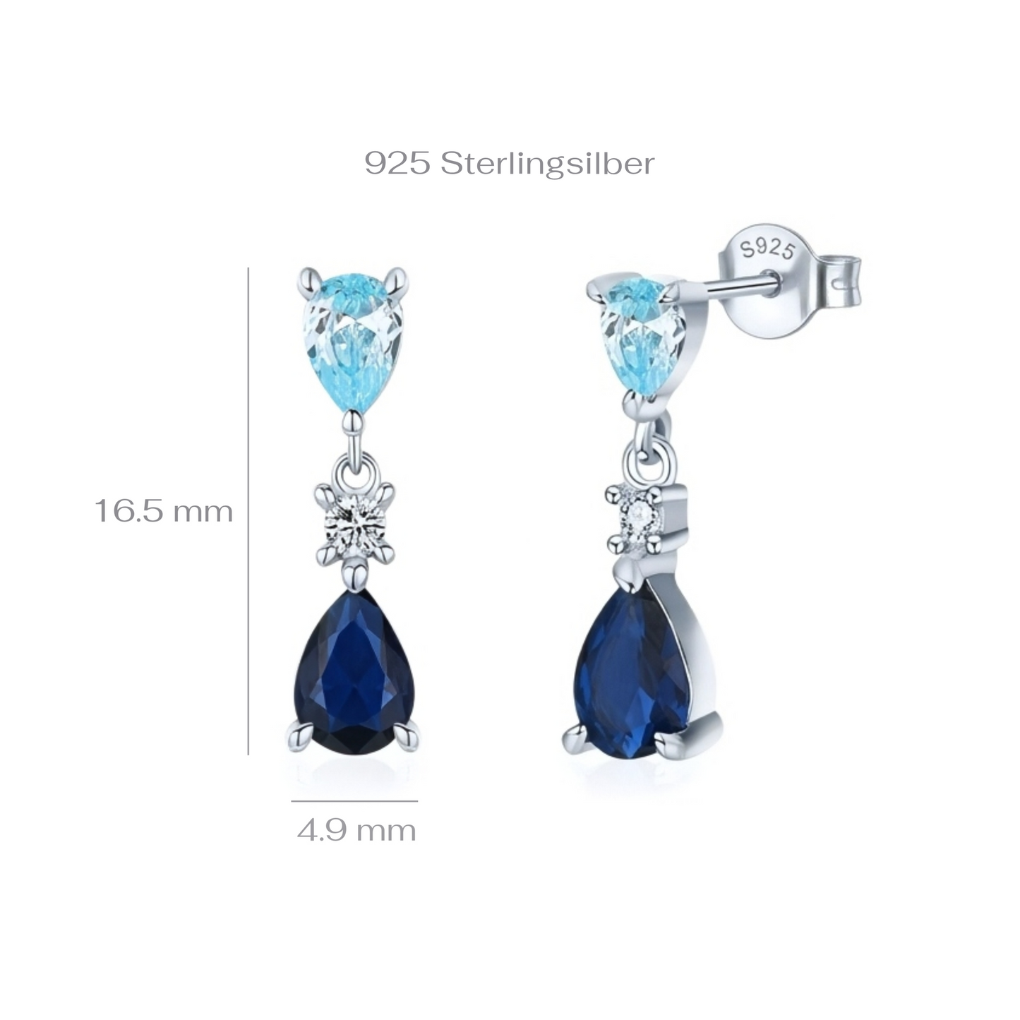 Pair of earrings with blue gemstones and silver accents on a white background