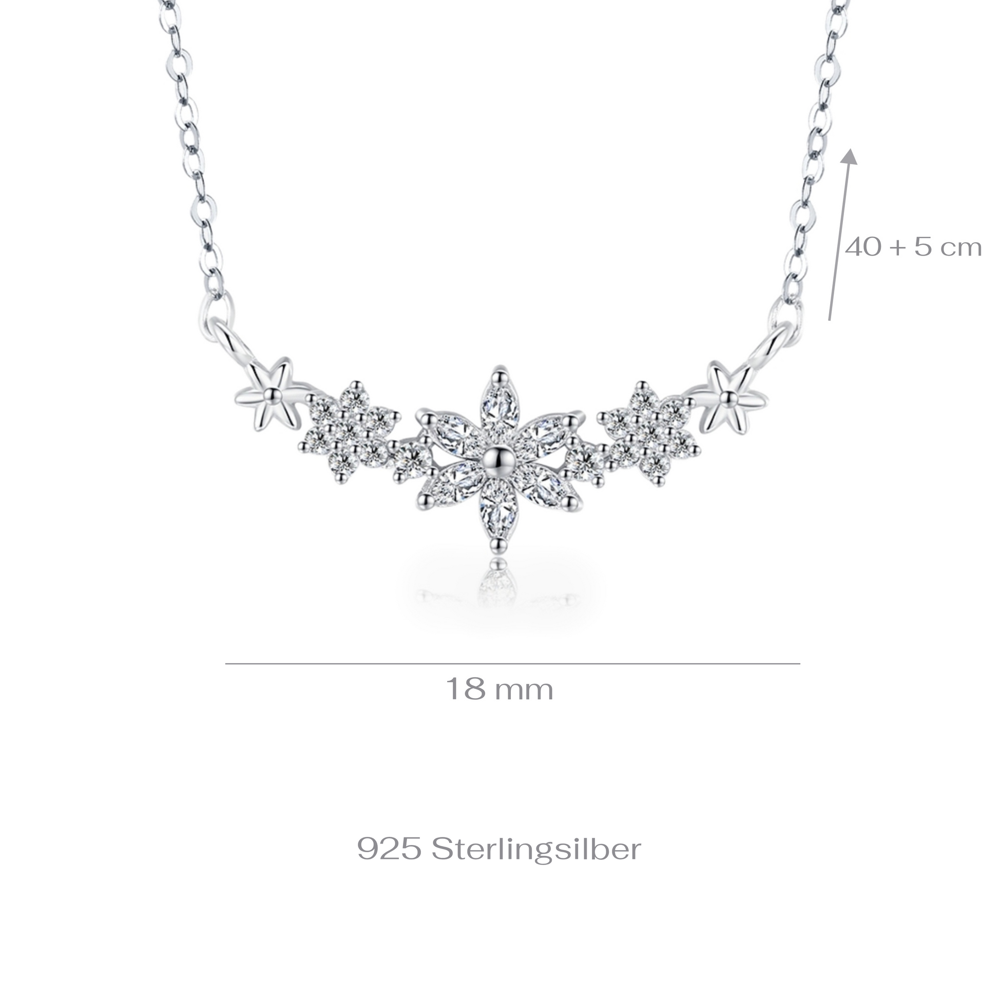 Dainty silver flower necklace on a white background with the measurements shown