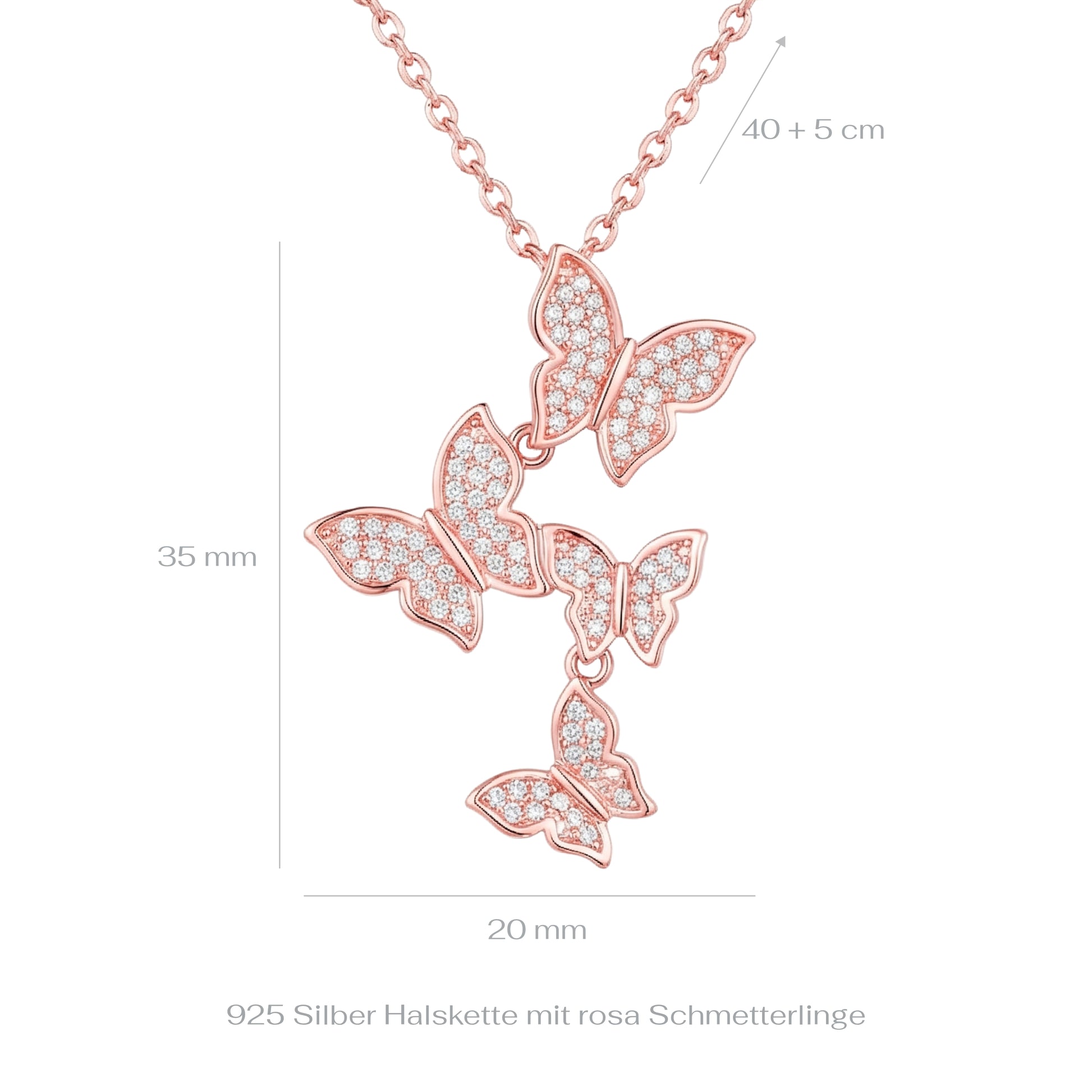 Rose gold butterfly necklace with measurements on a white background