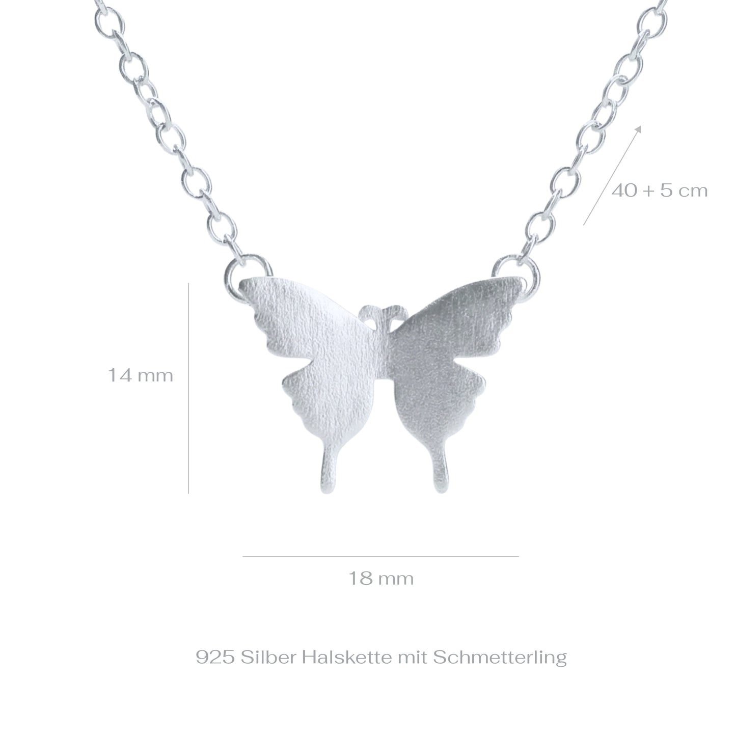 Silver butterfly necklace with measurements on a white background