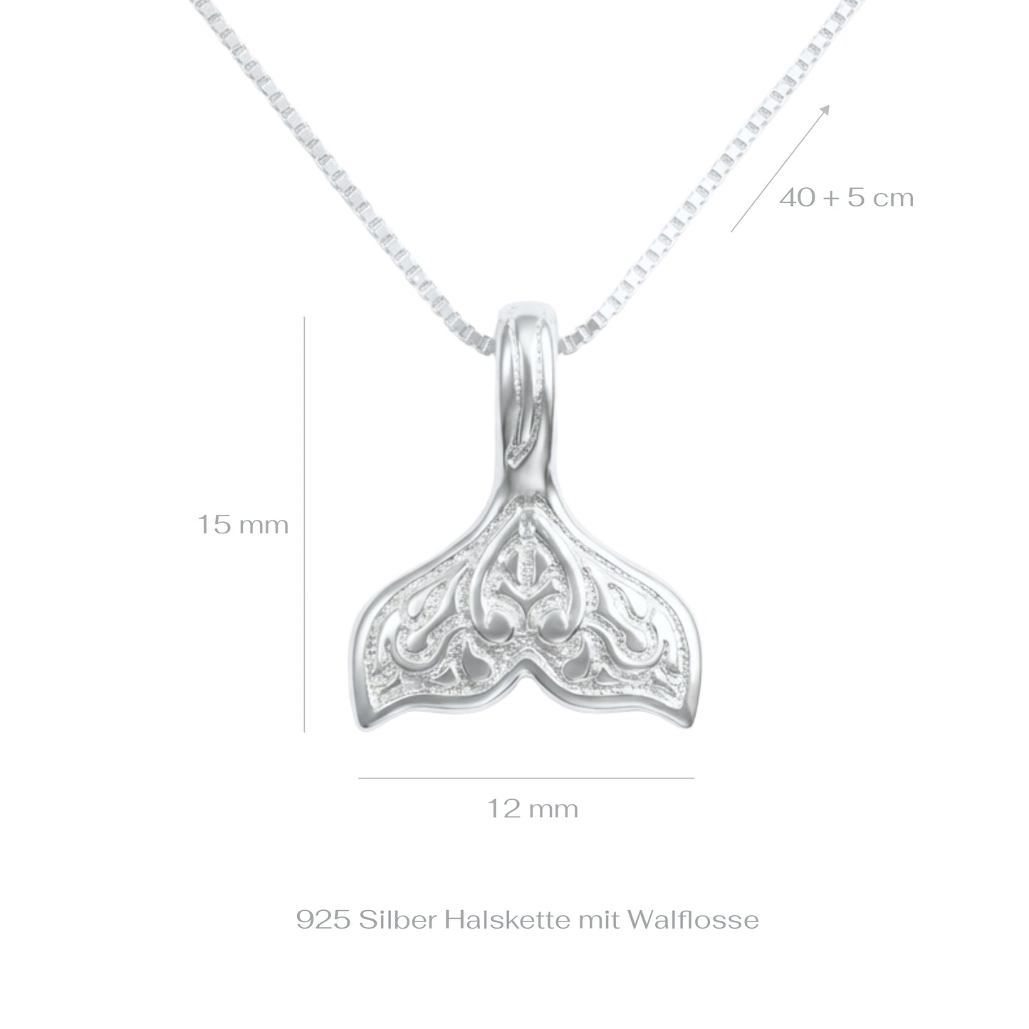A silver whale tail necklace on a white background with measurements