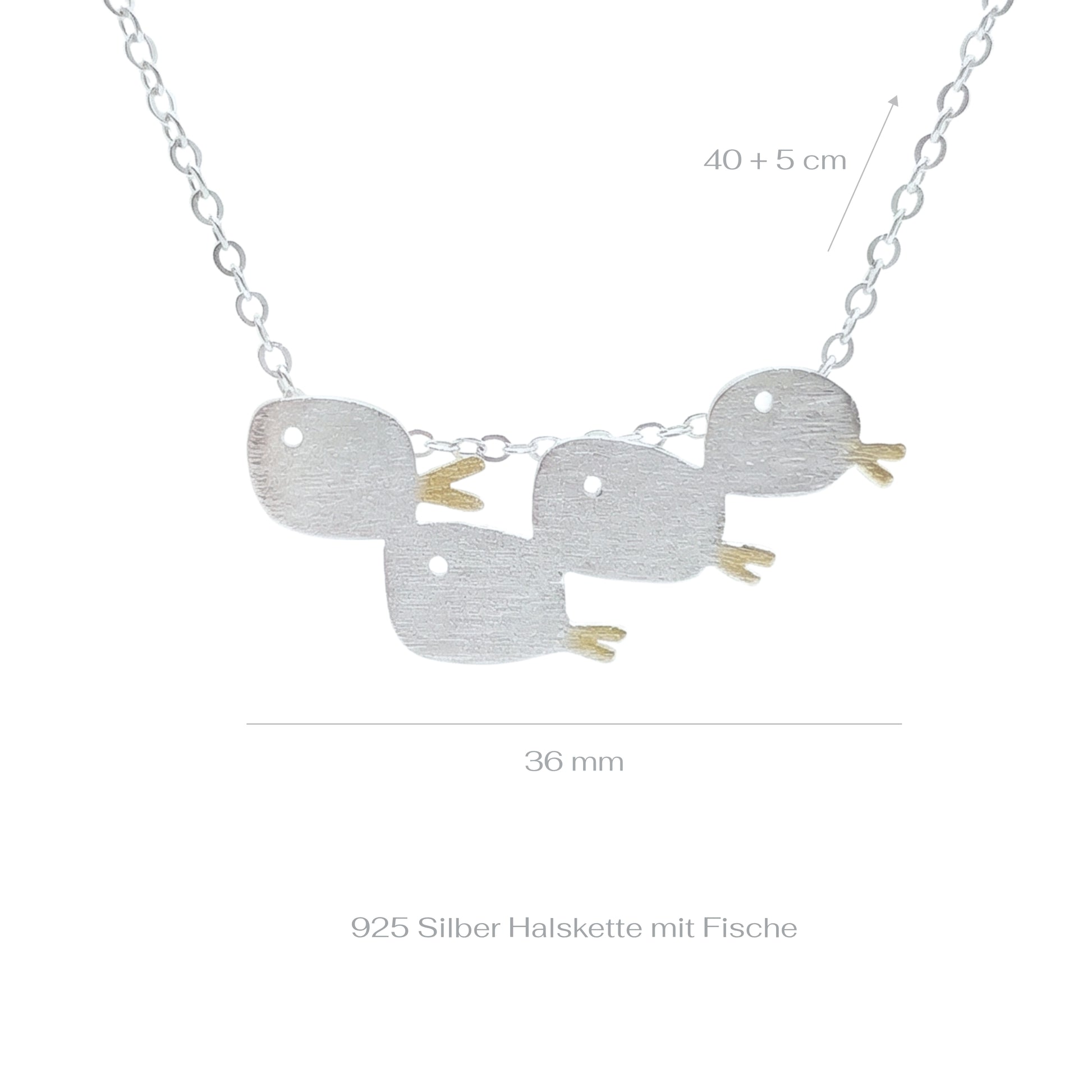 Silver fish necklace with measurements shown