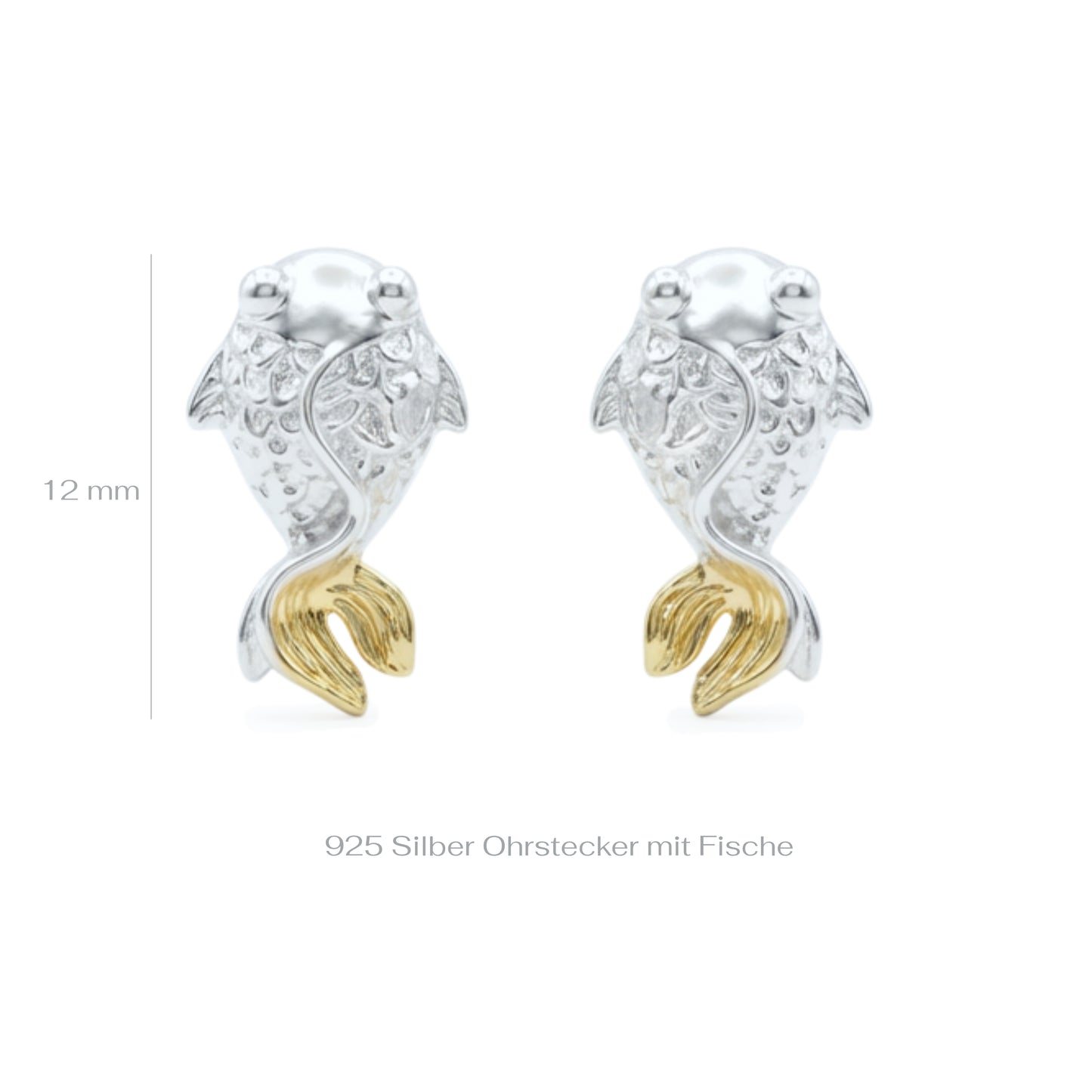 Silver fish stud earrings with gold tails on a white background with measurements