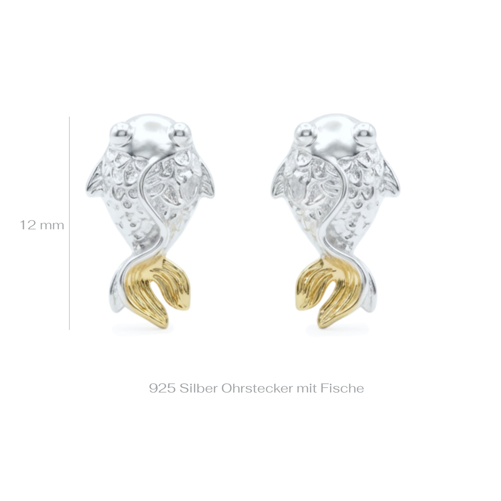Silver fish stud earrings with gold tails on a white background with measurements