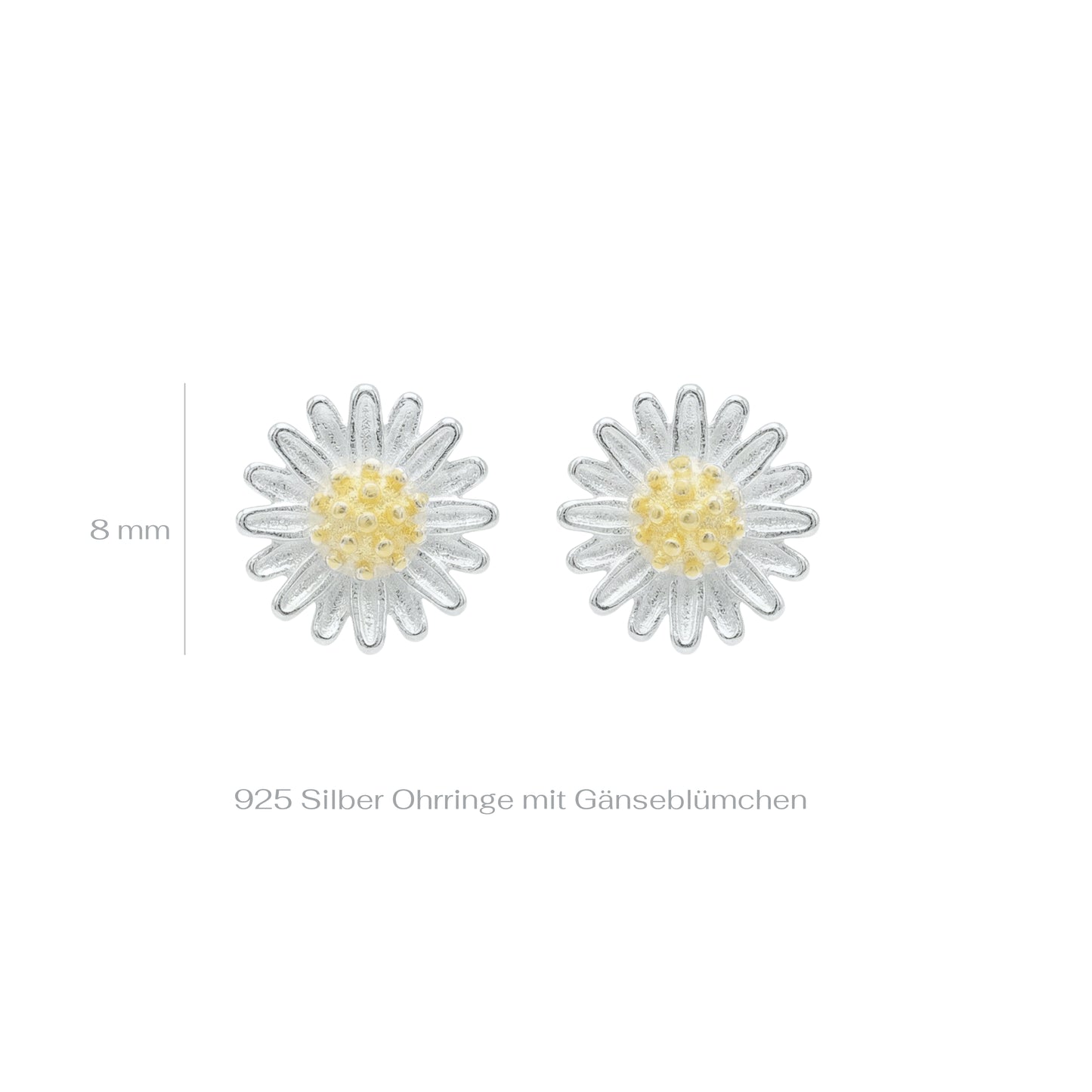 Silver daisy earrings with the measurements on a white background
