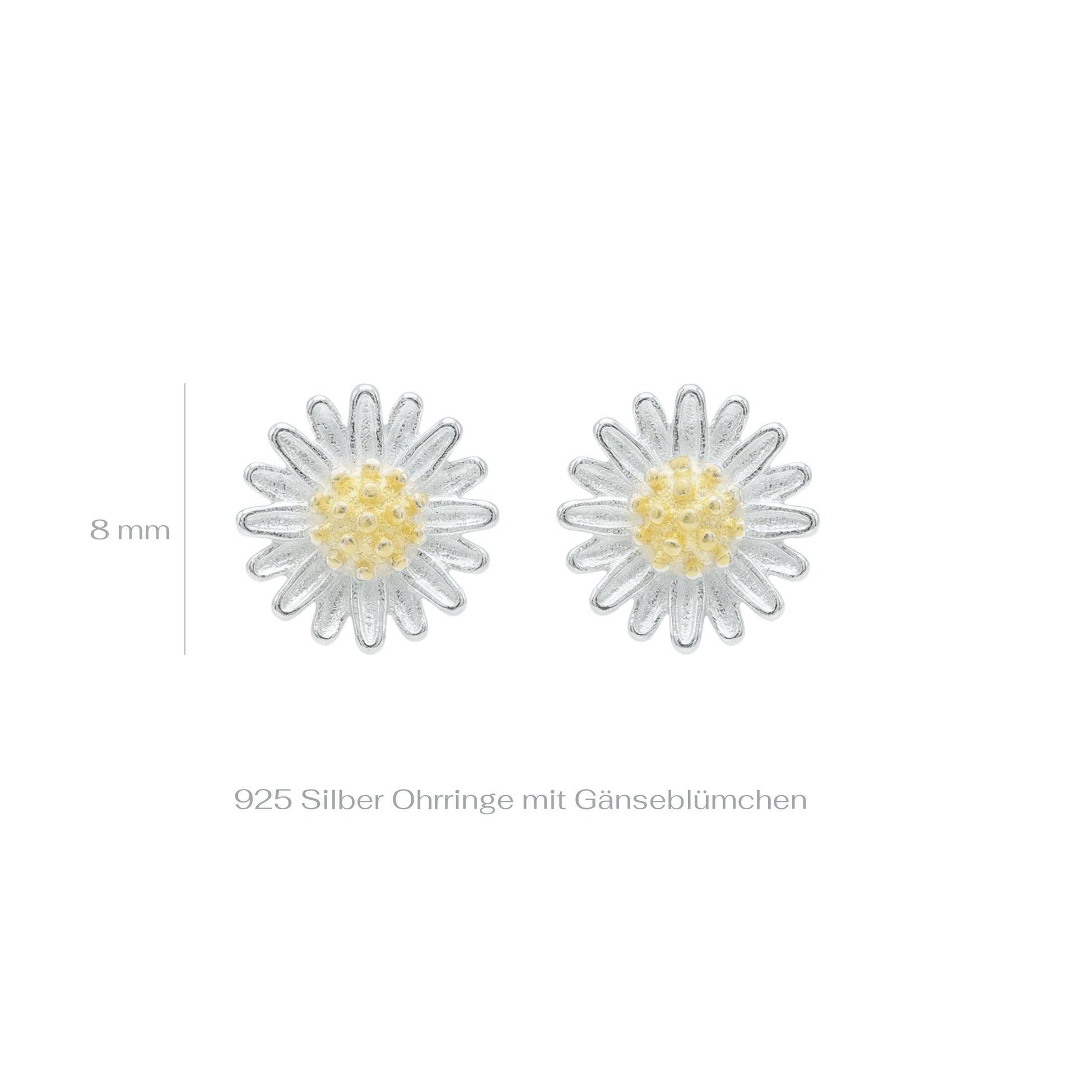Silver daisy earrings with the measurements on a white background