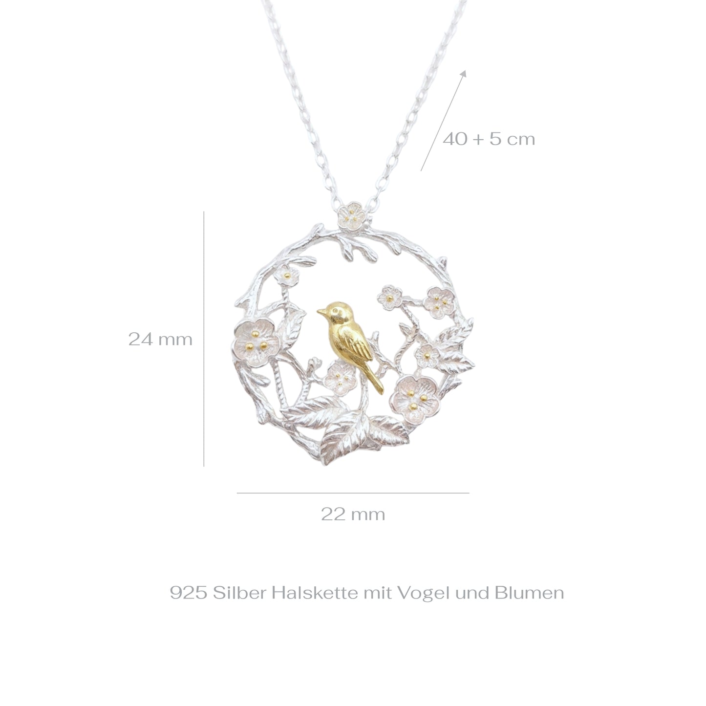 Silver necklace with bird and floral design, shown with measurements on a white background.