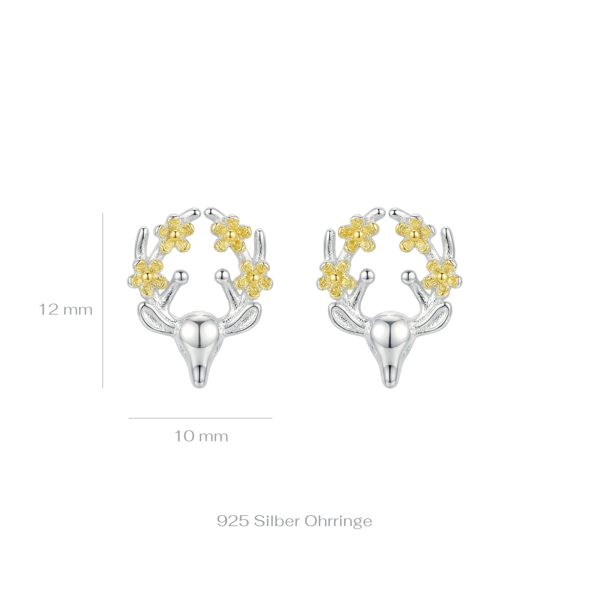 Silver and gold deer antler earrings with floral details on a white background with measurements 