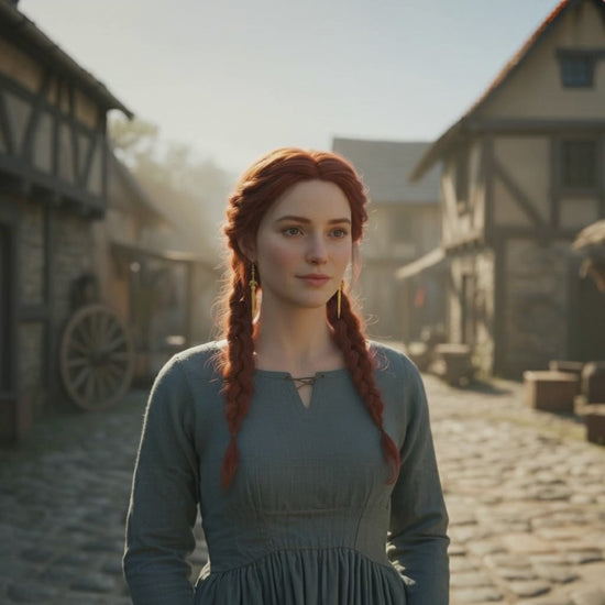 A medieval maiden wearing long gold sword earrings