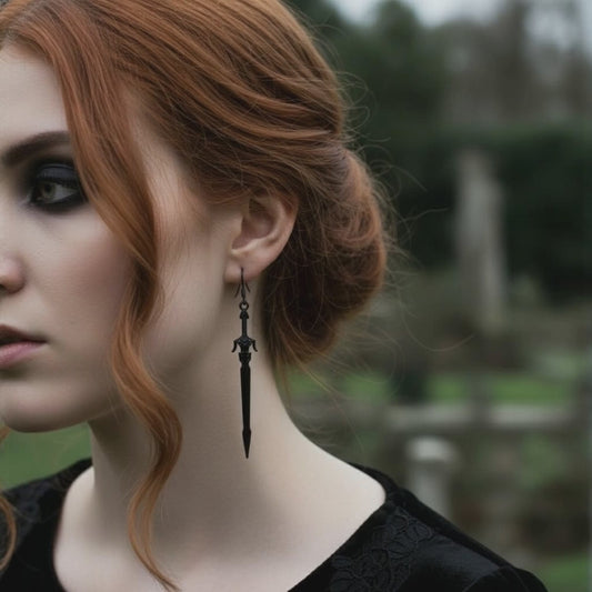 A gothic woman with red hair wearing long black sword earrings